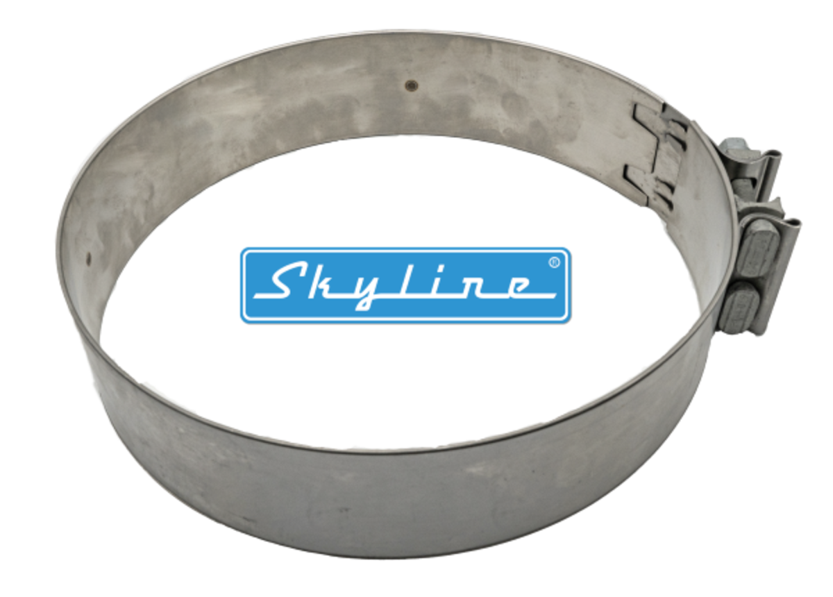 A photo of a single Skyline aftermarket CL076 flat band clamp for a diesel engine emission control system